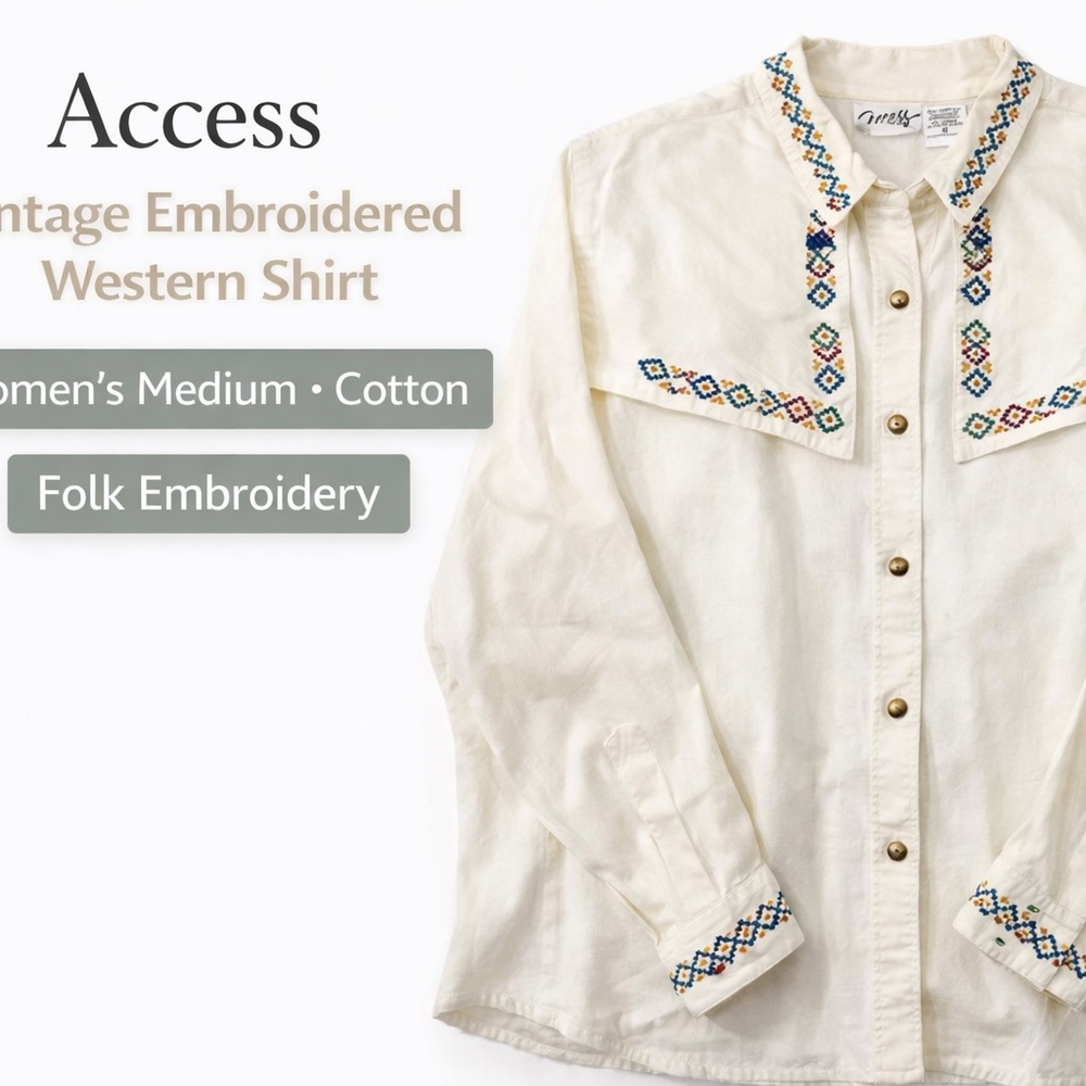Vintage Access Embroidered Western Shirt Women’s Medium Cream Cotton India